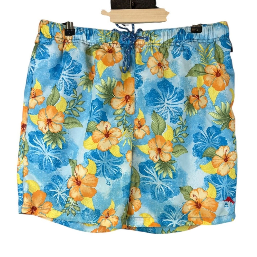 Tommy Bahama Relax Mens Large Blue Orange Hibiscus Floral Mesh Swim Trunks